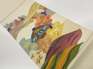 民家に山並み・木々・風景模様織出し洒落袋帯